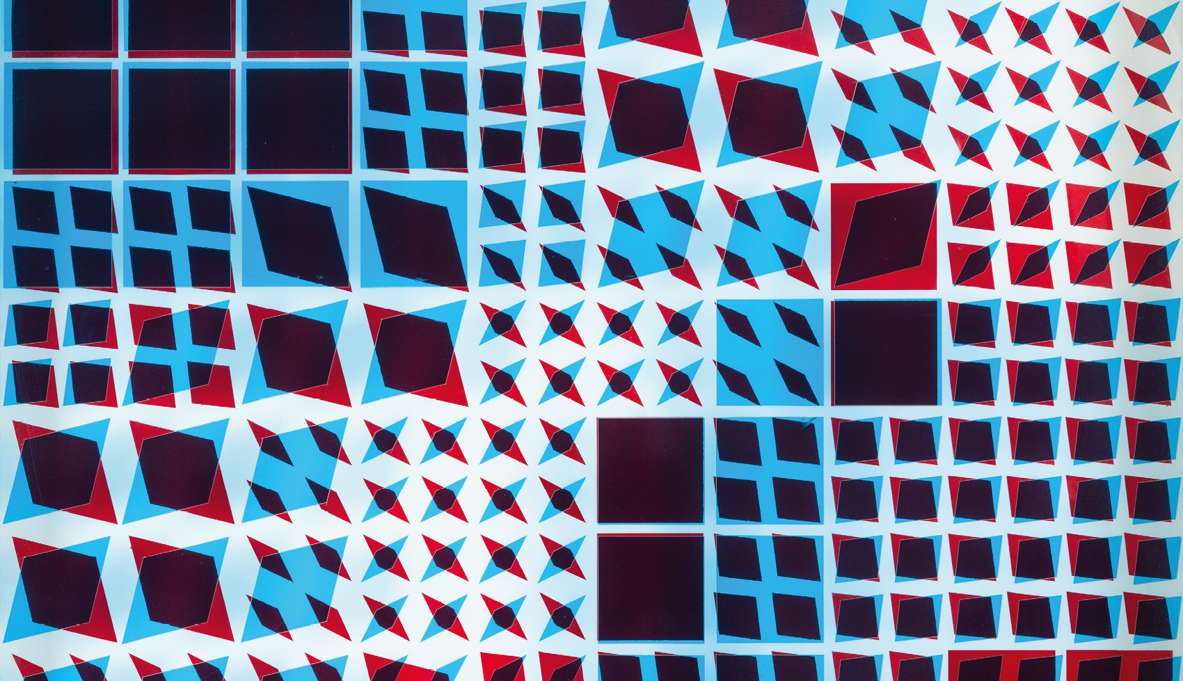 Ein quadratisches Bild aus verschiedenen geometrischen Formen in schwarz, rot, blau und weiß.