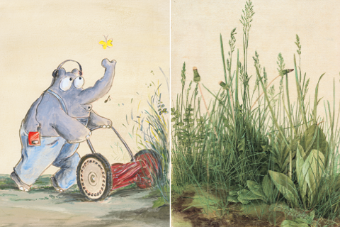 Links: Ein Ottifant pfeifend mit Walkman und Kopfhörern, der ein Rasenstück mit einem Rasenmäher abschneidet. ; Rechts: Zeichnung der Nahaufnahme einer grünen Wiese.