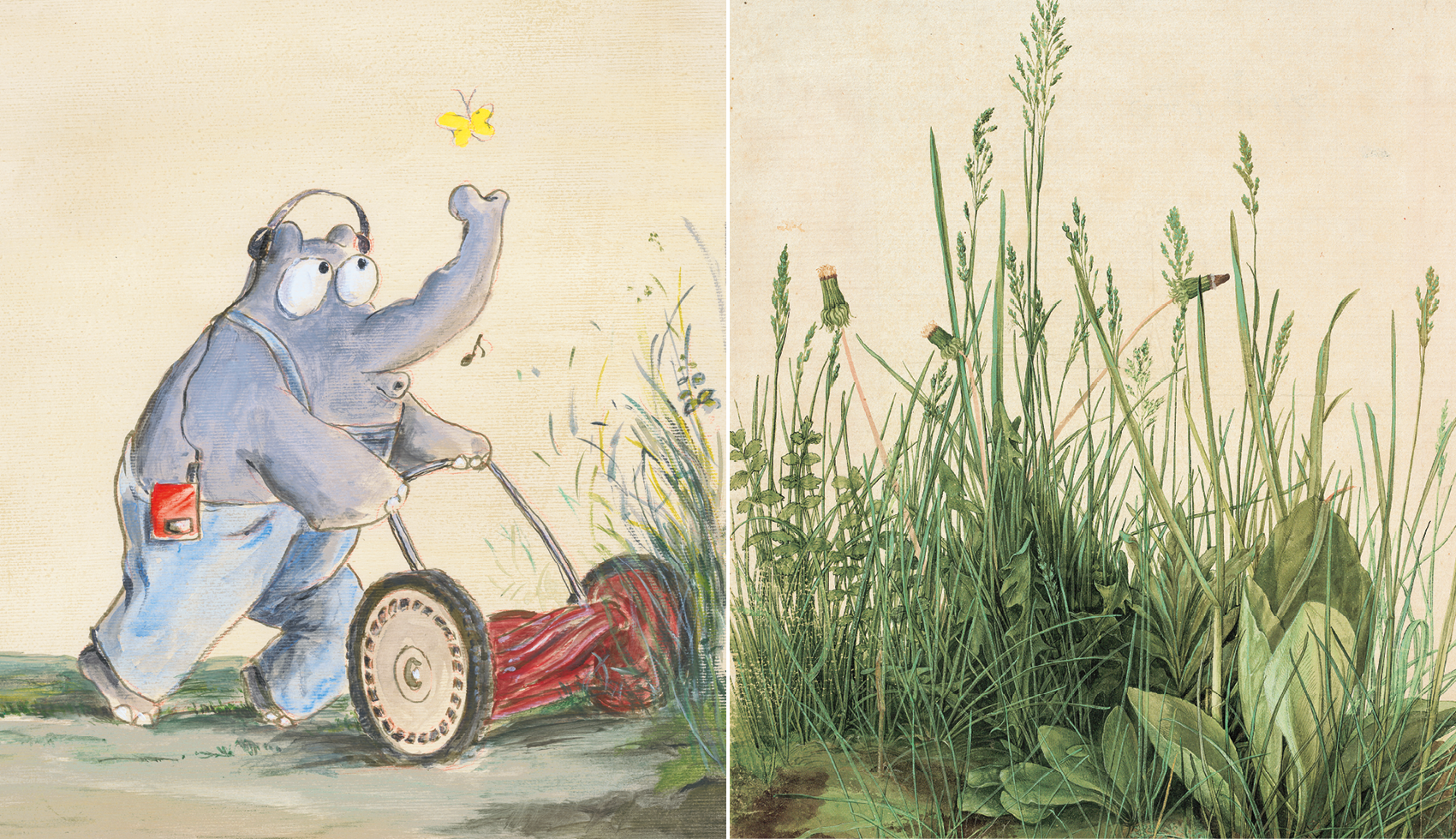 Ein Ottifant mit Rasenmäher in den Händen, der dem Rasenstück von Albrecht Dürer gefährlich nahe kommt.