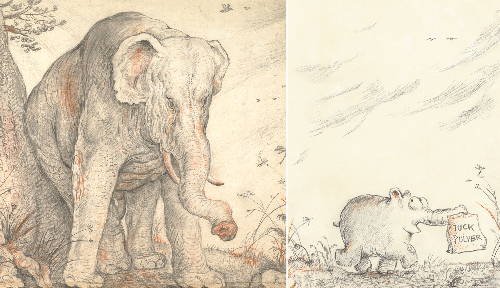 Zeichnung: Auf der linken Seite ein Werk aus dem 17. Jahrhundert, ein Elefant, der sich an einem Baum reibt. Rechts davon die Interpretation von Otto Waalkes: ein Ottifant der mit einem Sack Juckpulver mit dem Rüssel tragend davon spaziert.
