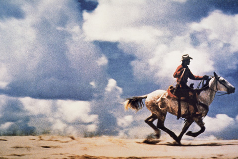 Farbfotografie eines Cowboys auf einem galoppierenden Pferd in weiter Landschaft; großformatiger, horizontaler Bildausschnitt.