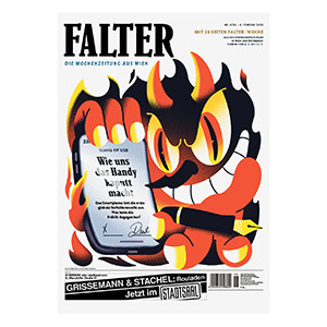 Ein Cover des FALTER Magazins mit einer Comic-Gestalt mit Teufelgesicht, die ein Smartphone in den Händen hält und auf dem Smartphone-Display steht ein Text.