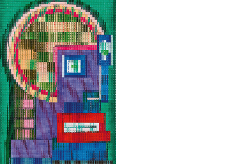 Das Portrait eines Kopfes zusammengestellt aus geometrischen Formen und verschiedenen, bunt-knalligen Farben hinter durchsichtigem, strukturierten Glas.