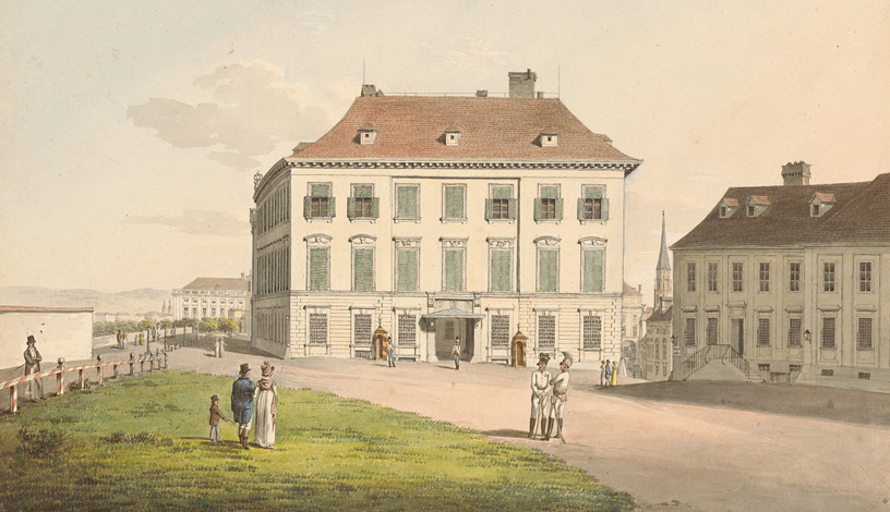 Ansicht des Palais Herzog Alberts in Wien, klassizistische Fassade, umgeben von Gartenanlage, Aquarell auf Papier.