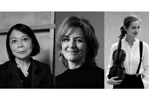 Drei Porträtfotos nebeneinander: Leiko Ikemura, Martina Gedeck, Noa Wildschut