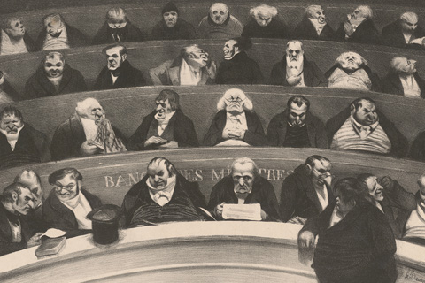 Lithografie mit dicht gedrängten Männern in dunklen Anzügen auf Holzbänken eines Saales.