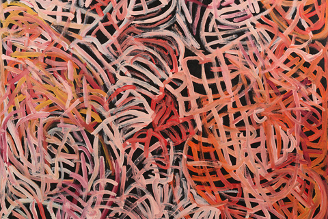 Unzählige, verschlungene Pinselstriche in allen Rot- und Rosatönen, die den schwarzen Hintergrund fast vollständig bedecken.