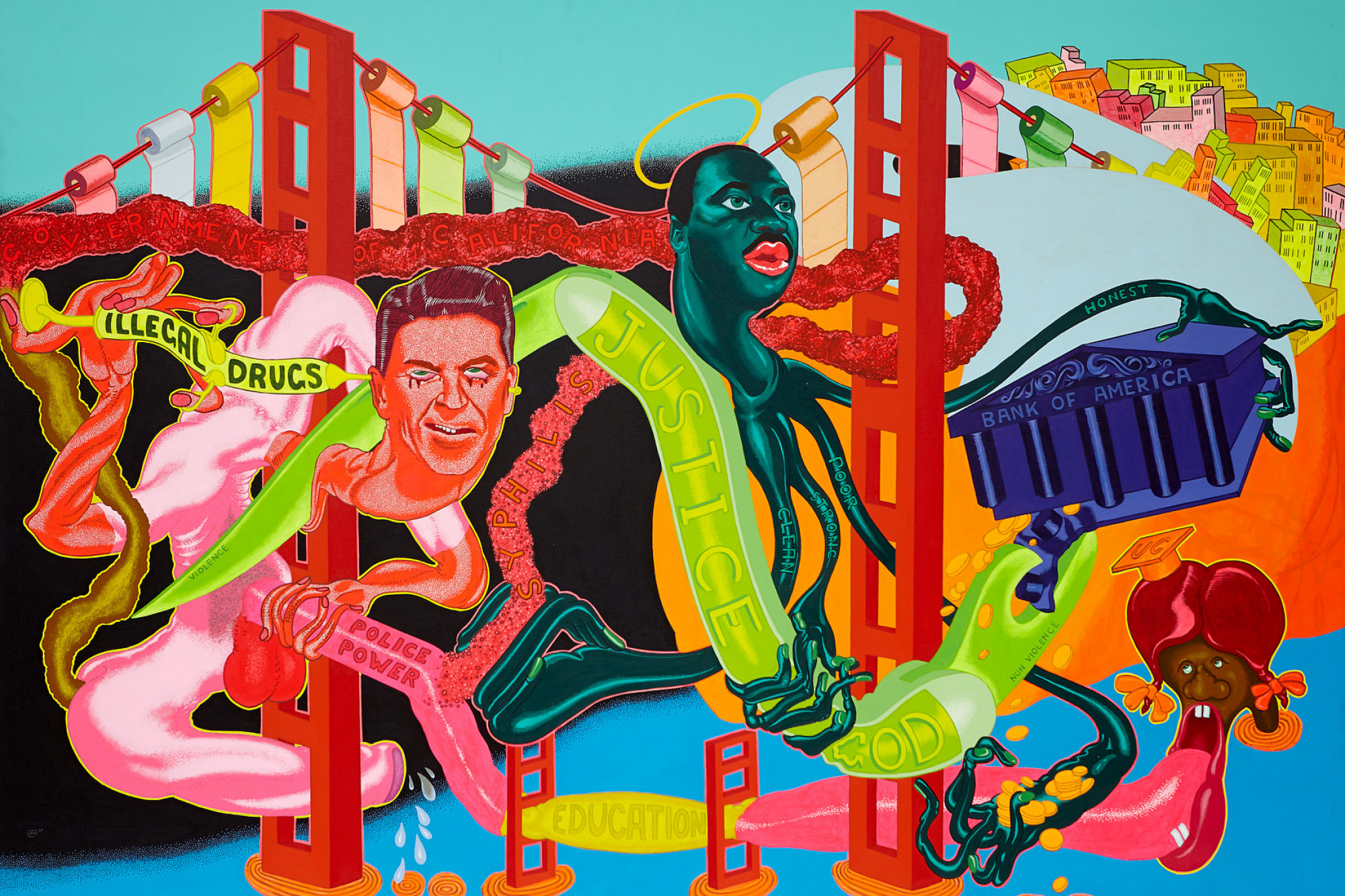 Buntes Gemälde, das die Golden Gate Bridge in ihren einzelnen Teilen und menschliche Gesichter und Figuren zeigt.