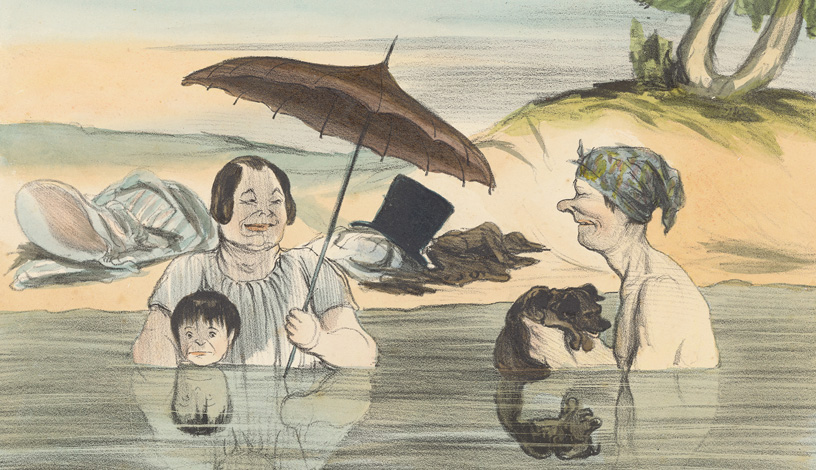 Eine Frau mit Kind und ein Mann in einem See badend. Die Frau trägt ein Badekleid und hält einen Sonnenschirm in der Hand, blickt zum Mann. Der Mann hält einen braunen, kleinen Hund in den Händen und hat eine Art Zipfelmütze auf dem Kopf. Am Ufer liegt Kleidung, ein Zylinderhut ist zu erkennen.