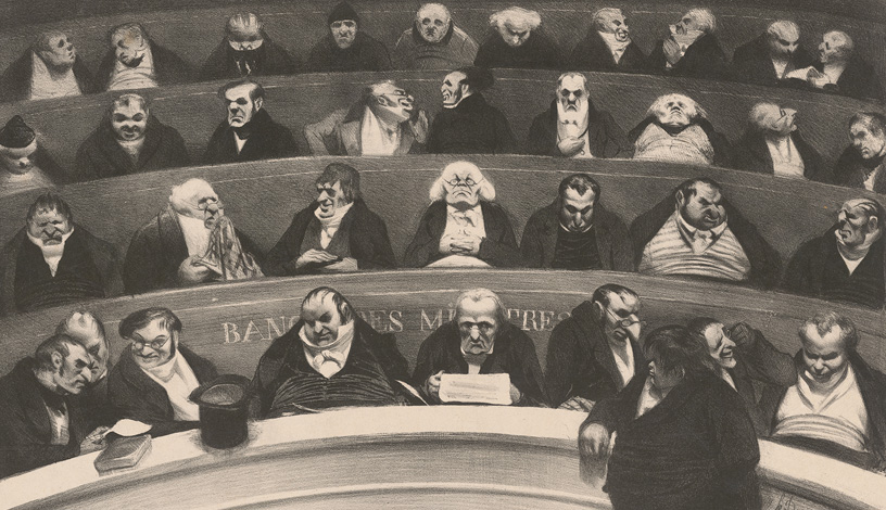 Lithografie mit dicht gedrängten Männern in dunklen Anzügen auf Holzbänken eines Saales.